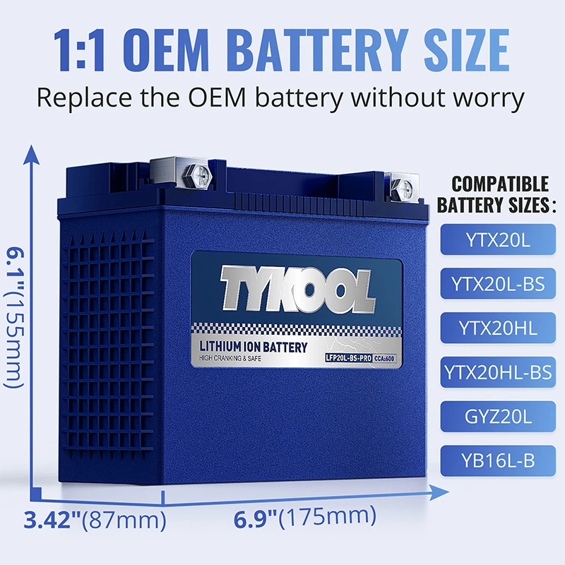 TYKOOL YTX20L-BS-PRO 12.8V 600A Lightweight Lithium Motorcycle ATV UTV Battery