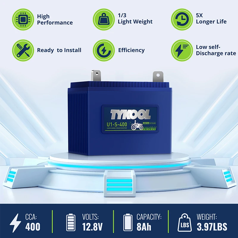 TYKOOL Lithium LiFePO4 Group U1 8Ah 400CCA Lawn Mower Battery