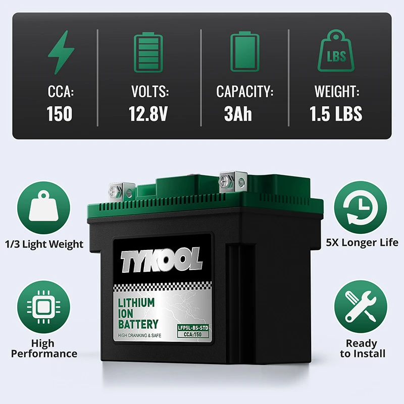 TYKOOL YTX5L-BS 12.8V 150CCA Lithium Motorcycle ATV Battery