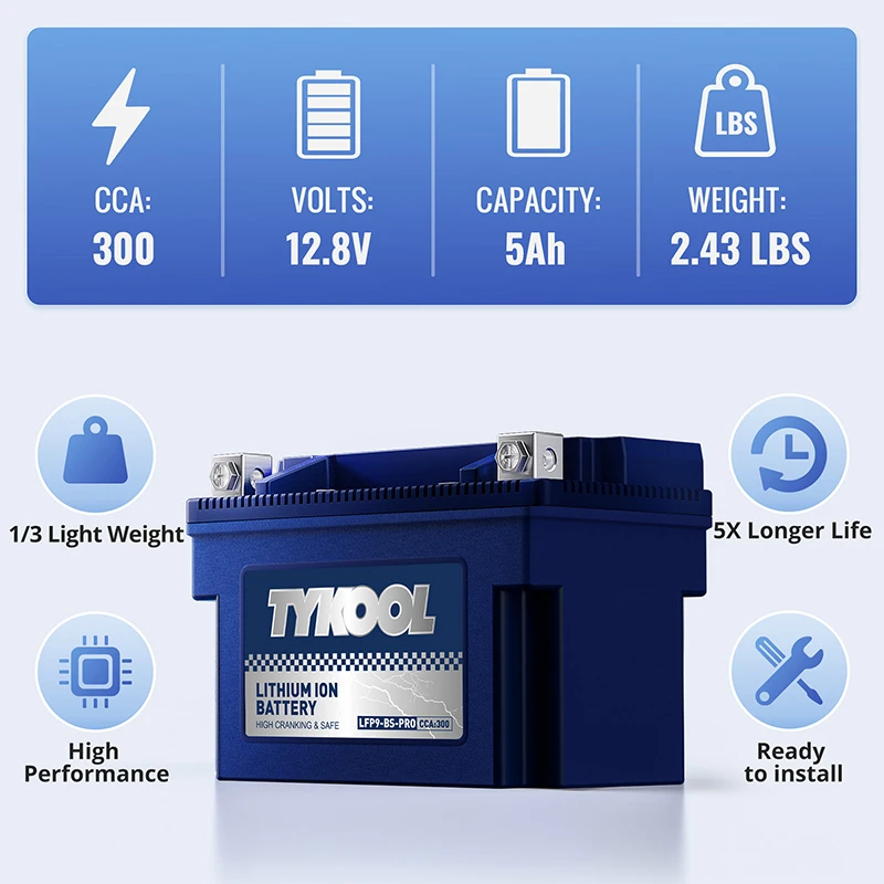 TYKOOL YTX9-BS -PRO 300CCA Long-life Lithium LiFePO4 Motorcycle ATV Battery