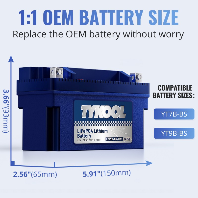 TYKOOL YT7B-BS 12V 4Ah 240CCA Lithium LiFePO4 Motorcycle ATV Battery