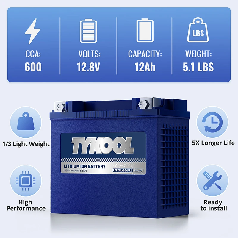 TYKOOL YTX20L-BS-PRO 12.8V 600A Lightweight Lithium Motorcycle ATV UTV Battery