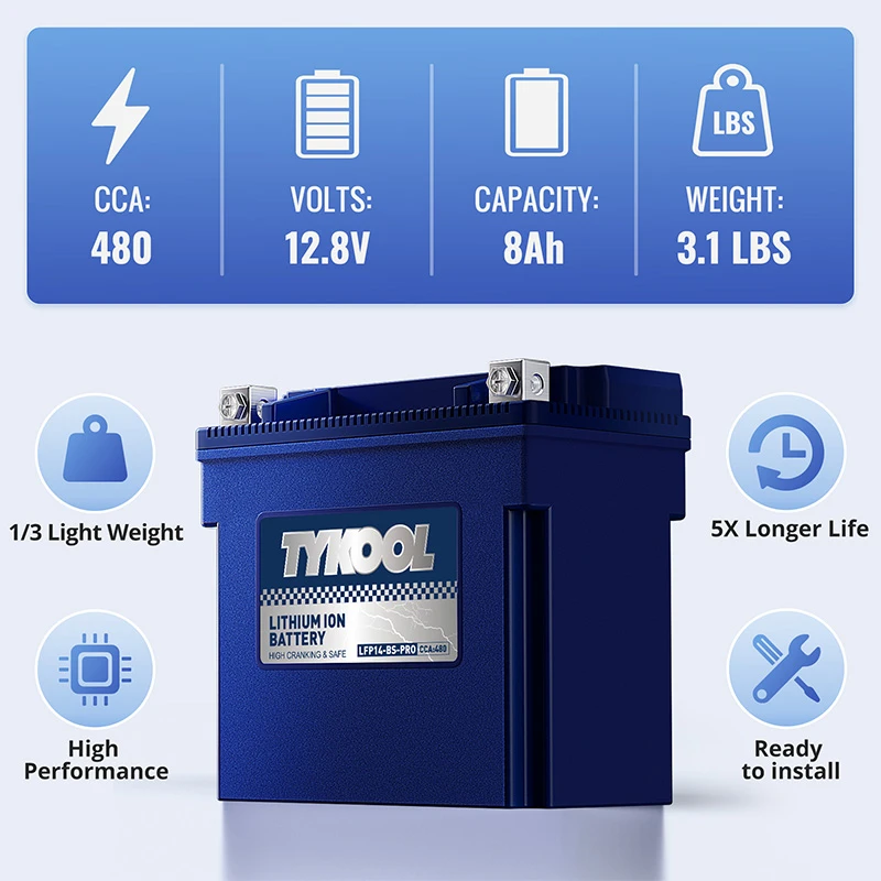 TYKOOL YTX14-BS-PRO 8Ah 480A Low-temperature Lithium Motorcycle Snowmobile Battery