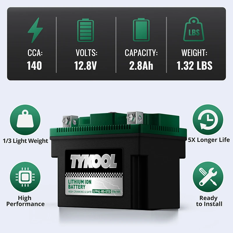 TYKOOL YTX4L-BS 12.8V 140CCA Lithium LiFePO4 Motorcycle Battery