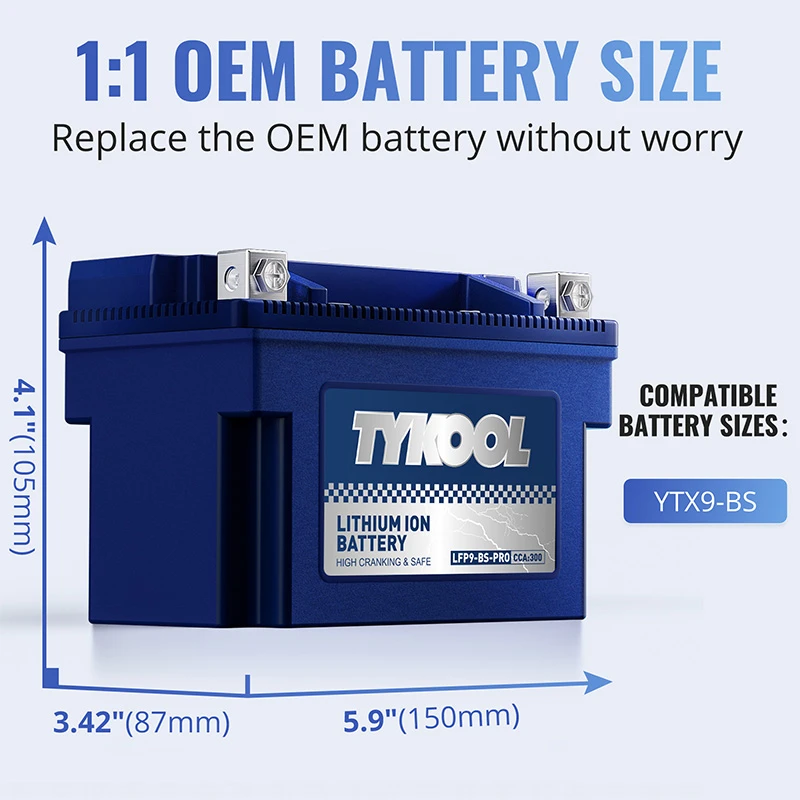 TYKOOL YTX9-BS -PRO 300CCA Long-life Lithium LiFePO4 Motorcycle ATV Battery