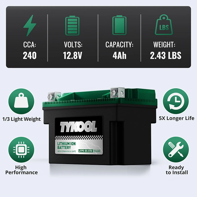 TYKOOL YTX9-BS-STD 12V 5AH Lithium LiFePO4 Powersports Battery