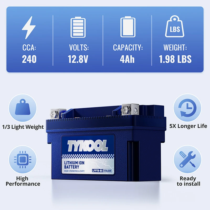 TYKOOL YT7B-BS 12V 4Ah 240CCA Lithium LiFePO4 Motorcycle ATV Battery