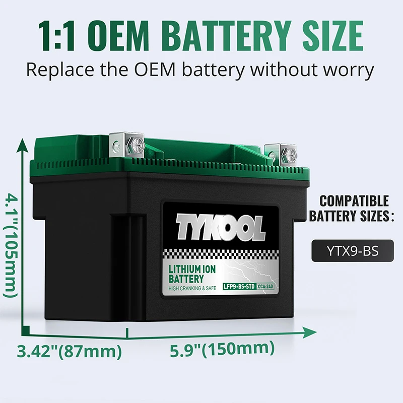 TYKOOL YTX9-BS-STD 12V 5AH Lithium LiFePO4 Powersports Battery