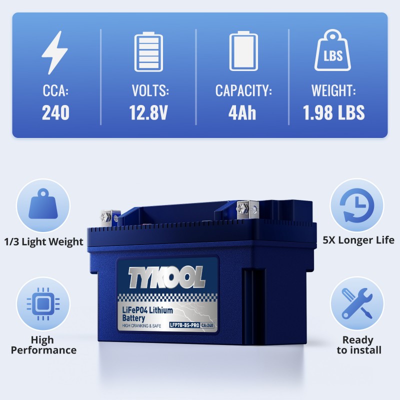 TYKOOL YT7B-BS 12V 4Ah 240CCA Lithium LiFePO4 Motorcycle ATV Battery