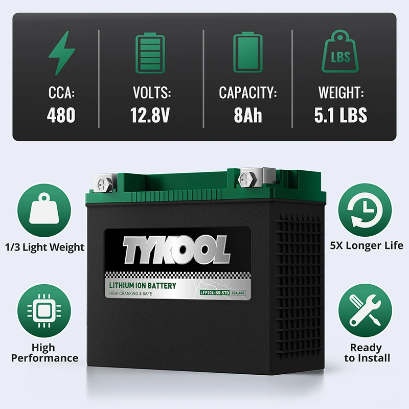 TYKOOL YTX20L-BS 12.8V 480CCA Lithium Powersports Snowmobile Jet Ski Battery