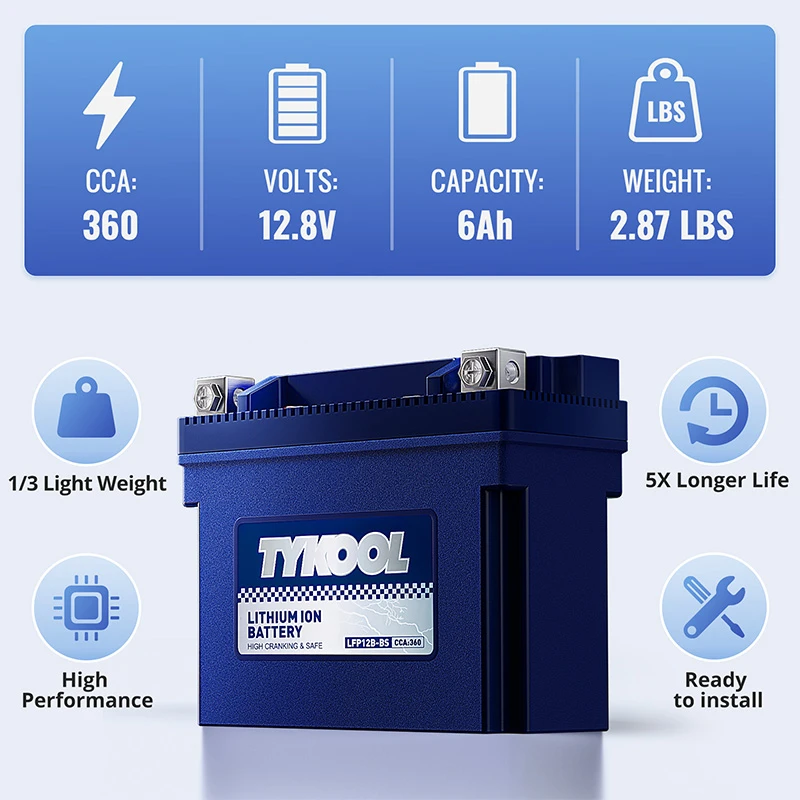 TYKOOL YT12B-BS 12V 6Ah 360CCA Motorcycle Scooter Lithium LiFePO4 Battery