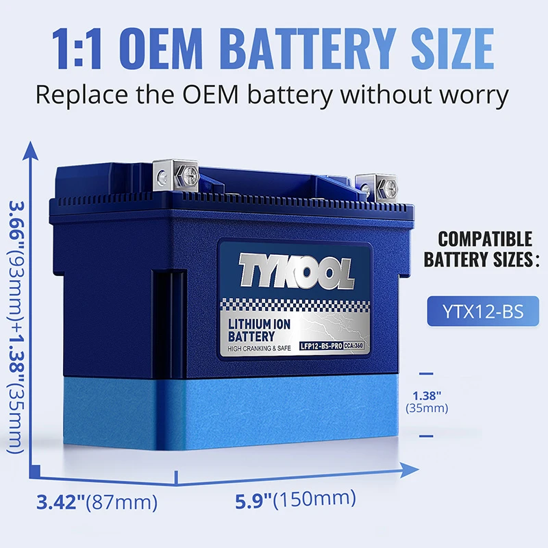 TYKOOL YTX12-BS-PRO Fast-charging Lithium LiFePO4 Motorcycle Scooter Battery