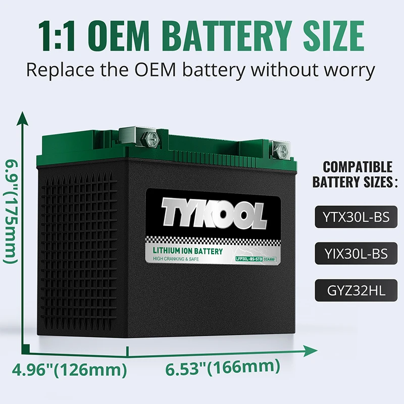 TYKOOL YIX30L-BS 12.8V 650CCA Lithium LiFePO4 Motorcycle ATV Battery