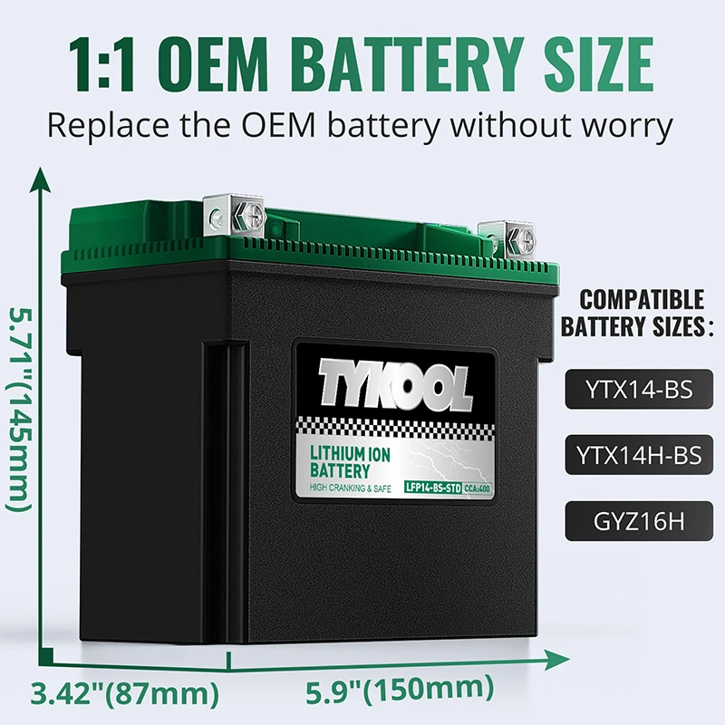 TYKOOL YTX14-BS 12.8V 400CCA Lithium Motorcycle Snowmobile  Battery