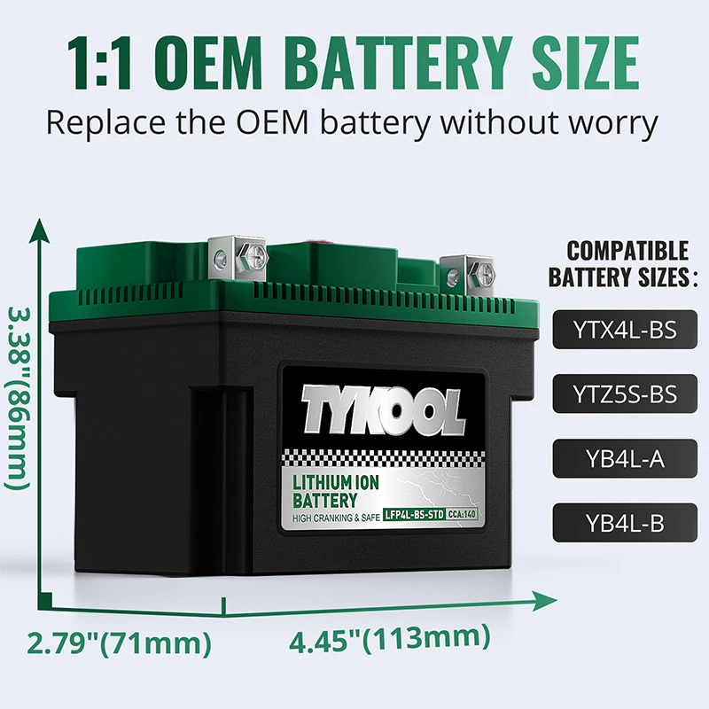 TYKOOL YTX4L-BS 12.8V 140CCA Lithium LiFePO4 Motorcycle Battery