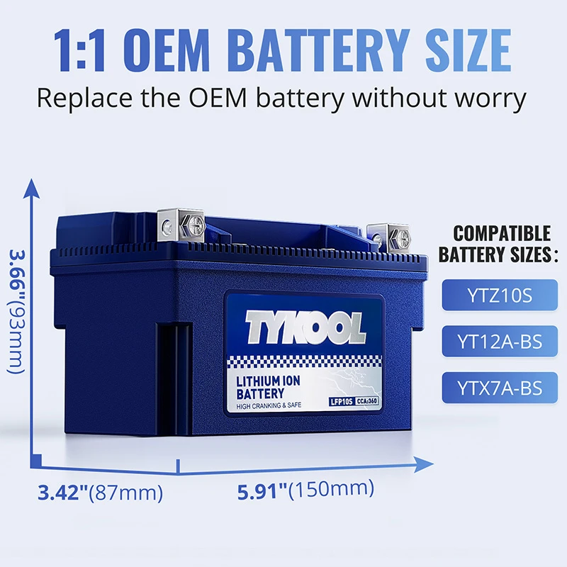 TYKOOL YTZ10S 12.8V 6Ah 360CCA Lithium LiFePO4 ATV Motorcycle Battery