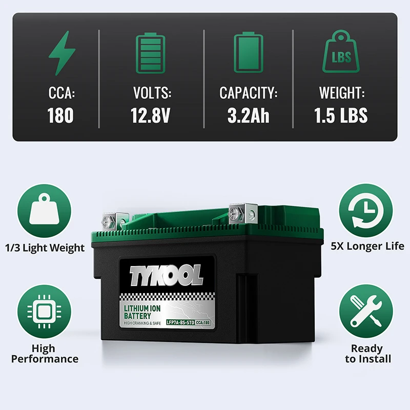 TYKOOL YTX7A-BS 12.8V 180CCA Lithium Powersports Motorcycle Battery