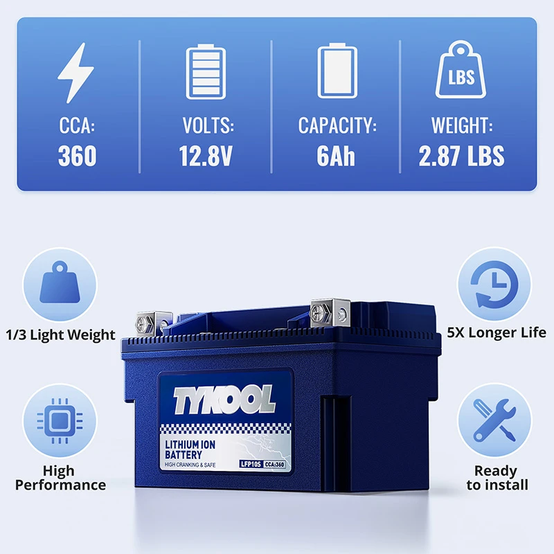 TYKOOL YTZ10S 12.8V 6Ah 360CCA Lithium LiFePO4 ATV Motorcycle Battery