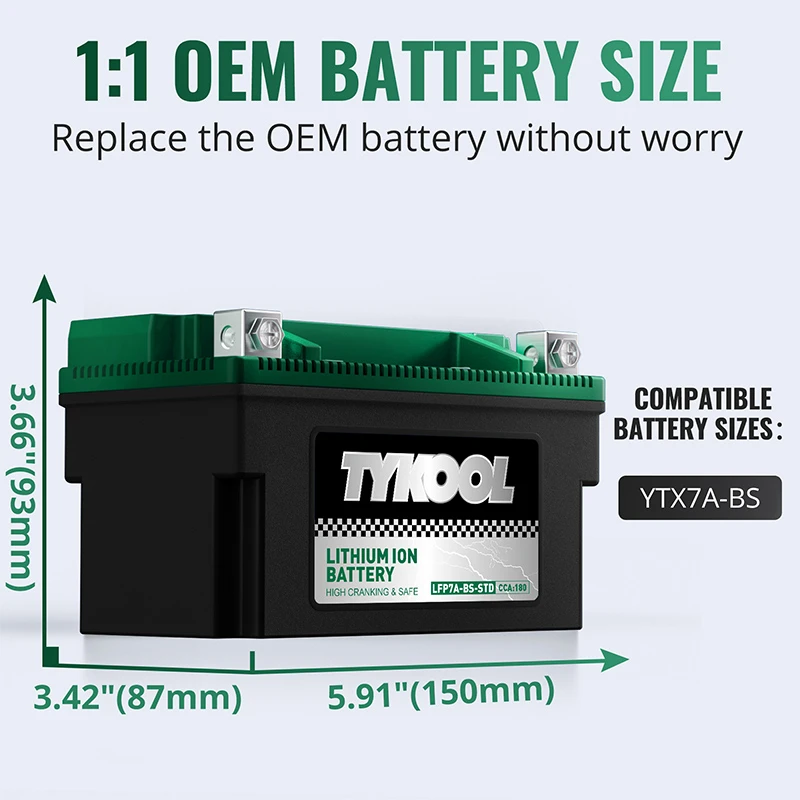 TYKOOL YTX7A-BS 12.8V 180CCA Lithium Powersports Motorcycle Battery