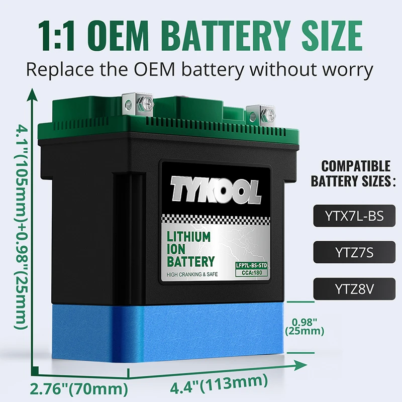 TYKOOL YTX7L-BS-STD 180CCA Lithium LiFePO4 Motorcycle ATV Battery